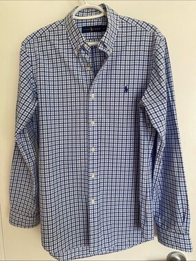 Ralph Lauren Blue & White Plaid Button-Down Cotton Preppy Shirt Sze Medium